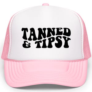 Tanned & Tipsy Trucker Hat for Women | Girly Humorous Drinking Snapback Gift for Her | Summer Mesh Foam Front Hat | Gift for Wife