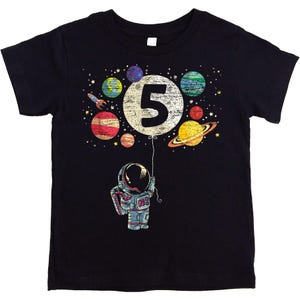 5th Birthday Rocket Astronaut Themed T-Shirts with Moon Balloon and Planets for Boys and Girls | Space Fifth Birthday Party Outfit