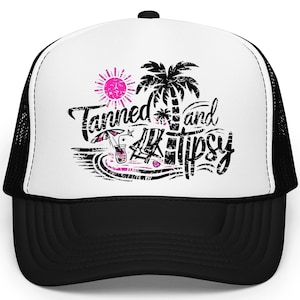 Tanned and Tipsy Trucker Hat for Women | Fun Summer Beach Hat | Girls Trip Snapback | Tropical Vacation Mesh Foam Front Adjustable Cap