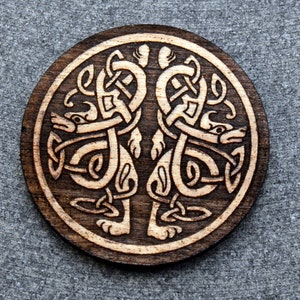Celtic 2 DRAGONS brooch pin, laser engraved wood, NEW #113
