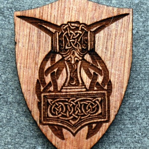 Celtic THORS SHIELD brooch pin, laser engraved wood, NEW #124