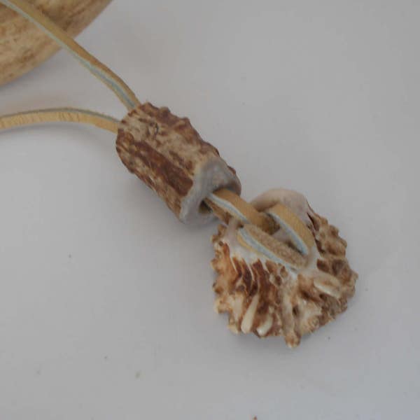 Deer Antler Shed Necklace Pendant Burr Bead and Sliding Nubby Bead Tan Leather Cord inv564