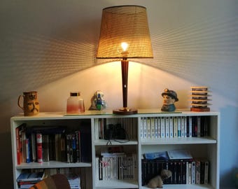 Mid-century mahogany table lamp, authentic desk and reading lamp with wicker cane shade