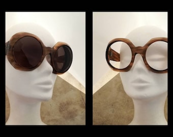 GRANDES Lunettes De 1970, Taille 56 15, Lunettes à Grandes Lentilles rondes, Lunettes Mod avec Branches larges en Acétate imitant le bois