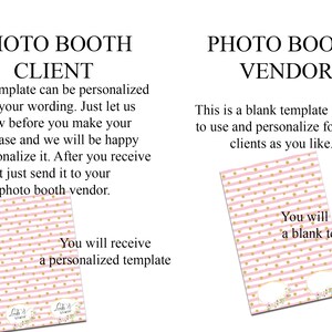 K&ouml;nnte beinhalten: Ein Fotobooth-Hintergrund mit rosa und goldenen Streifen und dem Text "Photo Booth Client" und "Photo Booth Vendor". Der Text beschreibt den Prozess der Personalisierung einer Fotobooth-Vorlage f&uuml;r Kunden und Anbieter.