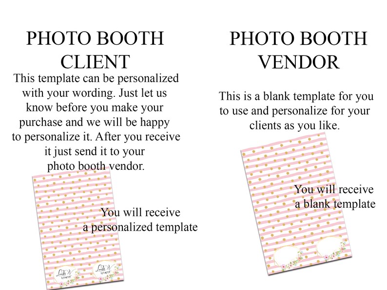 K&ouml;nnte beinhalten: Ein Fotobooth-Hintergrund mit rosa und goldenen Streifen und dem Text "Photo Booth Client" und "Photo Booth Vendor". Der Text beschreibt den Prozess der Personalisierung einer Fotobooth-Vorlage f&uuml;r Kunden und Anbieter.