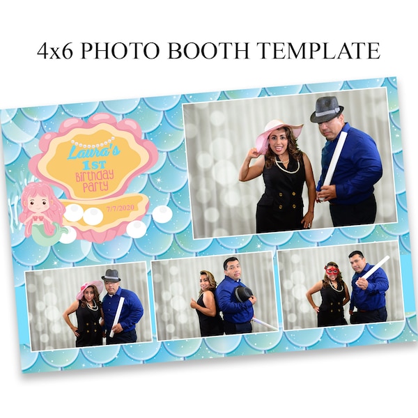 Photo booth template 4x6, Party photo booth template, Birthday Mermaid photo booth template