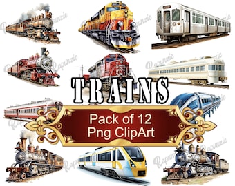 Trains Clipart Set: 12 PNG Images for Sublimation (Digital Download)