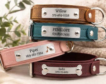 Collar de cuero personalizado para perro con placa de identificación grabada, etiqueta de identificación silenciosa, collar personalizado para perro, cuero genuino, regalo para perros, collar para mascotas grabado