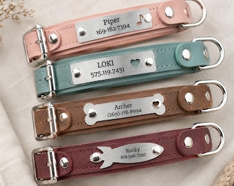 Collar de cuero personalizado para perro, collar grabado para regalar a la dueña de un perro, collar con placa de identificación personalizada, collar de cuero genuino para perro, regalo para mascotas