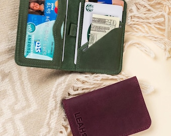 Cartera minimalista, regalo para mamá, tarjetero personalizado de piel, cartera ultrafina, cartera para hombre, cartera para mujer, tarjetero de piel verde.