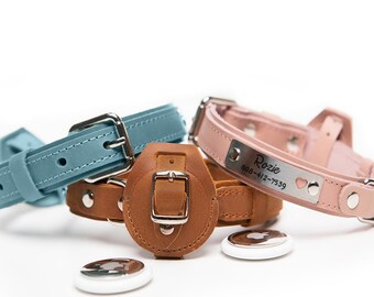 Collar de cuero personalizado para perro con soporte para AirTag, collar grabado a medida, cuero genuino, collar con nombre para perro, regalo de collar rastreador para mascotas