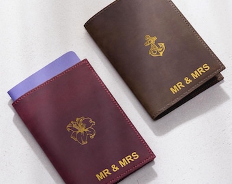Portapasaportes para el Sr. y la Sra. / Fundas de cuero a juego para pasaportes, juego personalizado grabado / Regalo de luna de miel, regalo de boda para recién casados
