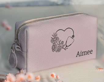 Personalized Leather Makeup Bag, Engraved Stethoscope Floral, Nurse Graduation Gift