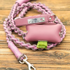 Personalized Pink Dog Walking Set – Braided Rope Leash, Leather Collar & Poop Bag Holder, Dog Mom Gift