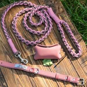 Personalized Pink Rope Dog Leash & Leather Collar with Poop Bag Holder – Braided Walking Set, Matching Puppy Gear, Dog Mom Gift, Birthday