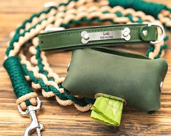 Personalized Leather Dog Collar & Leash Set — Forest Green