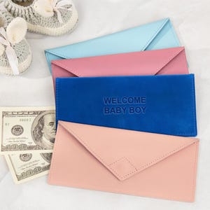 Enveloppe en cuir pour baby shower, porte-cadeau en espèces, cadeau personnalisé pour bébé, porte-monnaie de baptême, idée cadeau révélation de genre