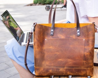 Tote bag for school, handmade leather tote bag. Tote bag with zipper or without. Large laptop tote bag, Teacher tote