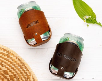 Personalized Leather Beer Can Holder, Custom Name Can Cooler, Lake Weekend Gift, Camping BBQ Drink Sleeve, Funny Phrase Option