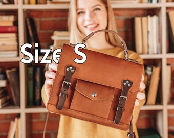 Brown Leather Satchel, Messenger Briefcase, Top-Grain Leather