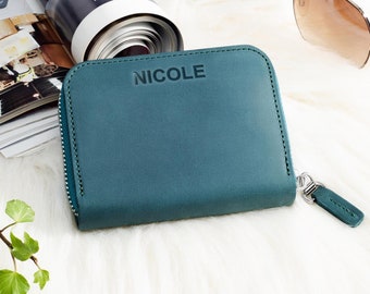 Cartera de cuero verde con nombre, regalo único para mamá, cartera fina de cuero para mujer, tarjetero pequeño, cartera personalizada, regalo de Navidad para abuela.