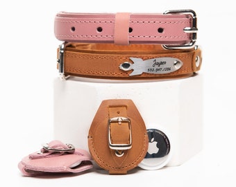 May include: Two leather dog collars, one brown and one pink, with a silver tag that reads "Jasper 532.947.1286". There is also a pink leather pouch and a brown leather pouch with a buckle.