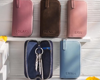 Custom Keychain leather personalized, Key Fob case, Car Key Holder with name, Personalized Christmas Gifts for Him, for Dad,gift for grandpa