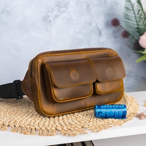 Dog treat pouch leather, Easy access magnetic closure to avoid spilling, Treat bag fanny pack with waist belt for pet training walking