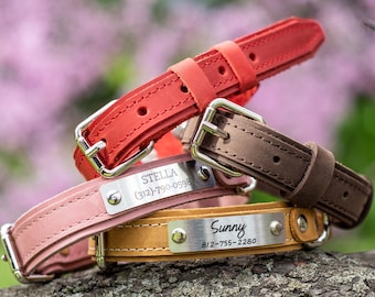 Red Leather Dog Collar, Personalized Engraved Name Plate