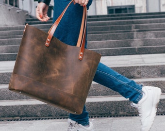 Leather Tote bag-Leather Bag-Leather tote bag woman with optional zipper, interio zipped pocket, crossbody, distressed whiskey leather