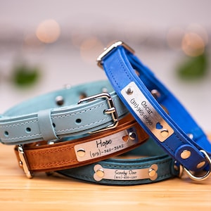 Personalized Leather Dog Collar, Engraved Leather Dog Collar, Custom Dog Collar with Name Plate, Dog Collar