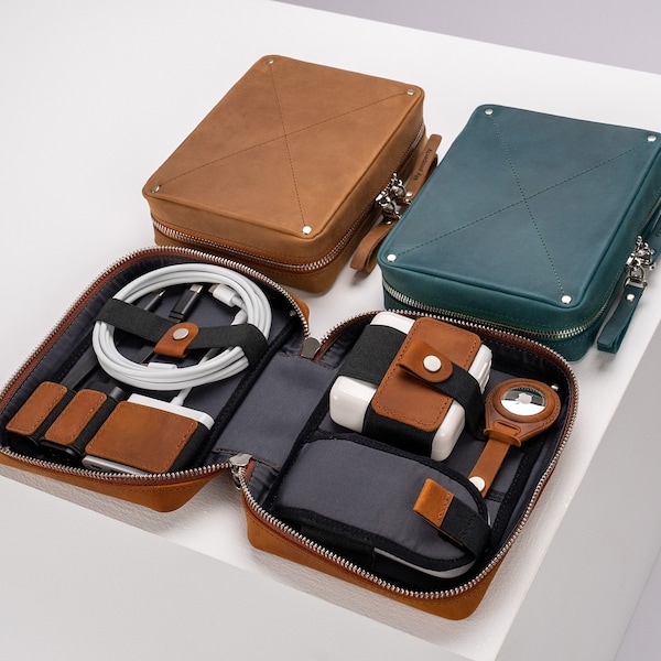 Travel cable organizer bag, Travel Electronics Accessories Bag, Leather Tech Organizer, Anniversary gift, Christmas Gift for Him, for Her