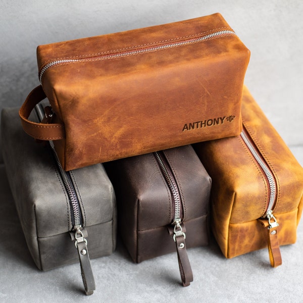 Gepersonaliseerde lederen dopp kit voor mannen, Lederen toilettas, Gepersonaliseerde heren toilettas cadeau voor hem