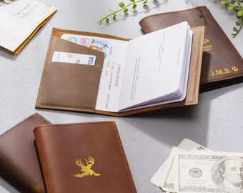 Funda de cuero personalizada para pasaporte / Cartera de viaje grabada a medida, funda con monograma / Regalo de boda, regalo de viaje para él o ella.