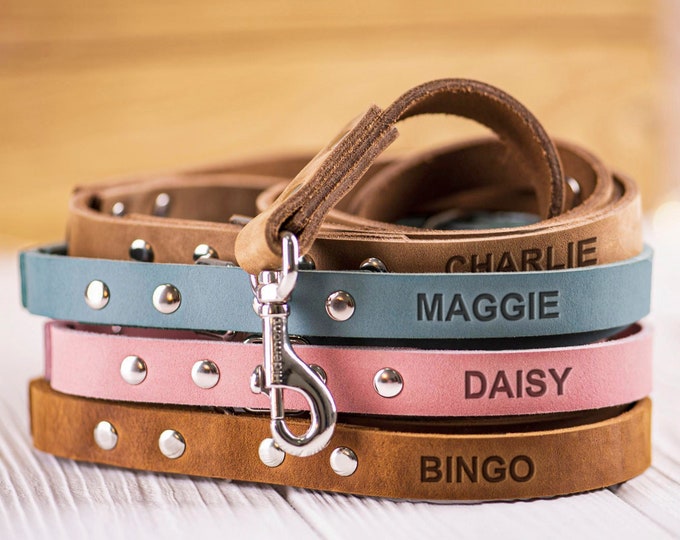 Personalized Leather Dog Leash, Engraved Custom Name