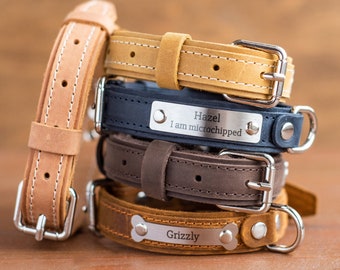 Personalized Leather Dog Collar, Engraved Dog Collar, Custom Dog Collar with Name Plate, Leather Dog Collar