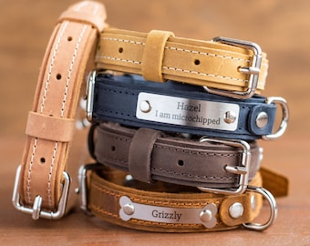 Personalized Leather Dog Collar, Engraved Nameplate