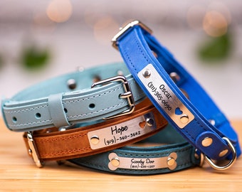 Personalized Leather Dog Collar, Engraved Leather Dog Collar, Custom Dog Collar with Name Plate, Dog Collar