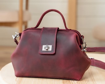 Bolso de médico de piel burdeos: bolso bandolera estilo vintage