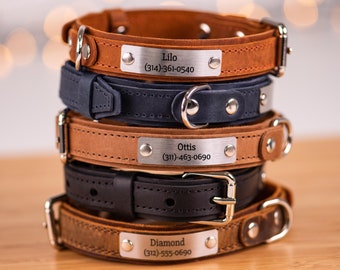 Personalized Dog Collar, Engraved Leather Dog Collar, Personalized Dog Collar with Name Plate, Leather Dog Collar