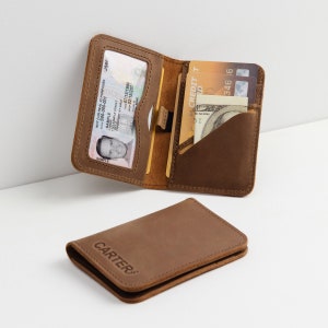 Carteira de couro feita à mão com bolso frontal, carteira fina para padrinhos, carteira para cartão de crédito e identidade, carteira de couro personalizada, presente para o dia dos pais gravado