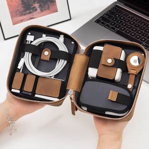Travel Electronics Accessories Bag, Leather Cable Organizer, AirTag Compatible Cord Organizer, Leather Macbook Tech Organizer