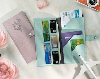 Portapasaportes de cuero personalizado — Flor de nacimiento, regalo para damas de honor