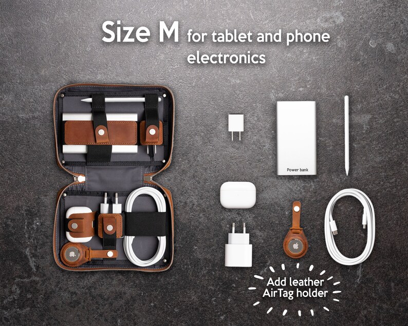 QEES Leather Cord Roll Up, Leather Electronic Accessories Cable Roll