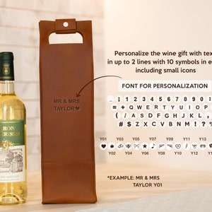 Custom engraving options for personalized leather wine bottle carrier, anniversary wine gift with name and date customization for couples