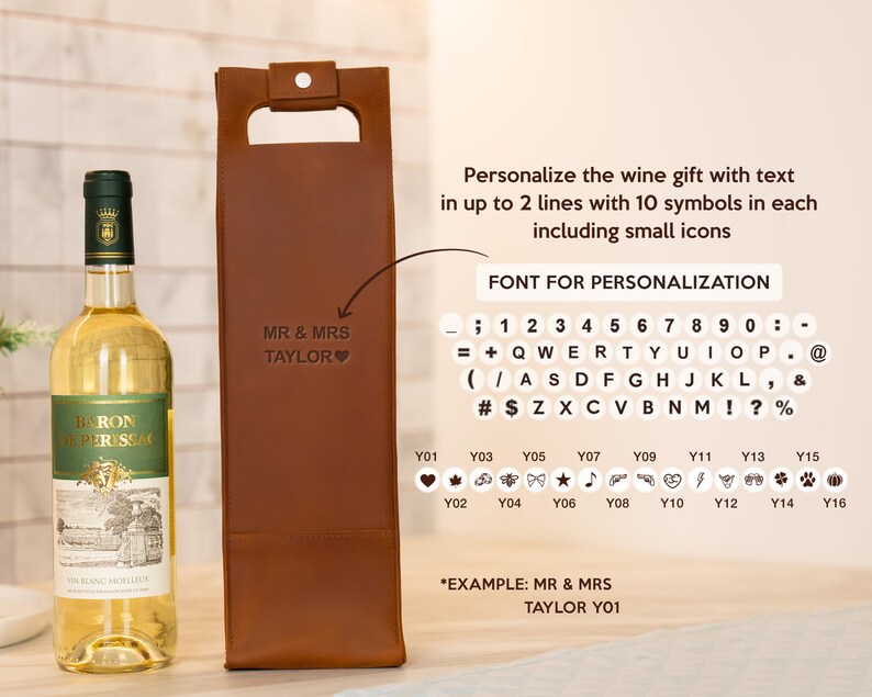 Custom engraving options for personalized leather wine bottle carrier, anniversary wine gift with name and date customization for couples