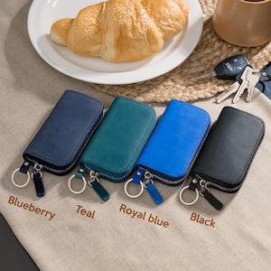 Leather key organizer wallet in blueberry, teal, royal blue and black, custom key case for anniversary or birthday