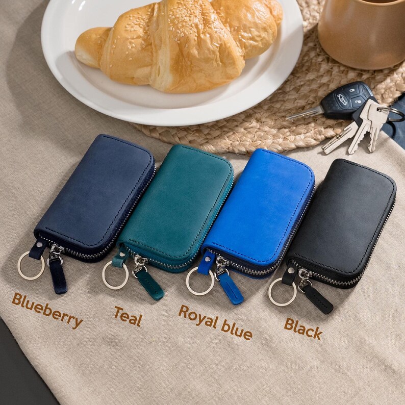 Leather key organizer wallet in blueberry, teal, royal blue and black, custom key case for anniversary or birthday