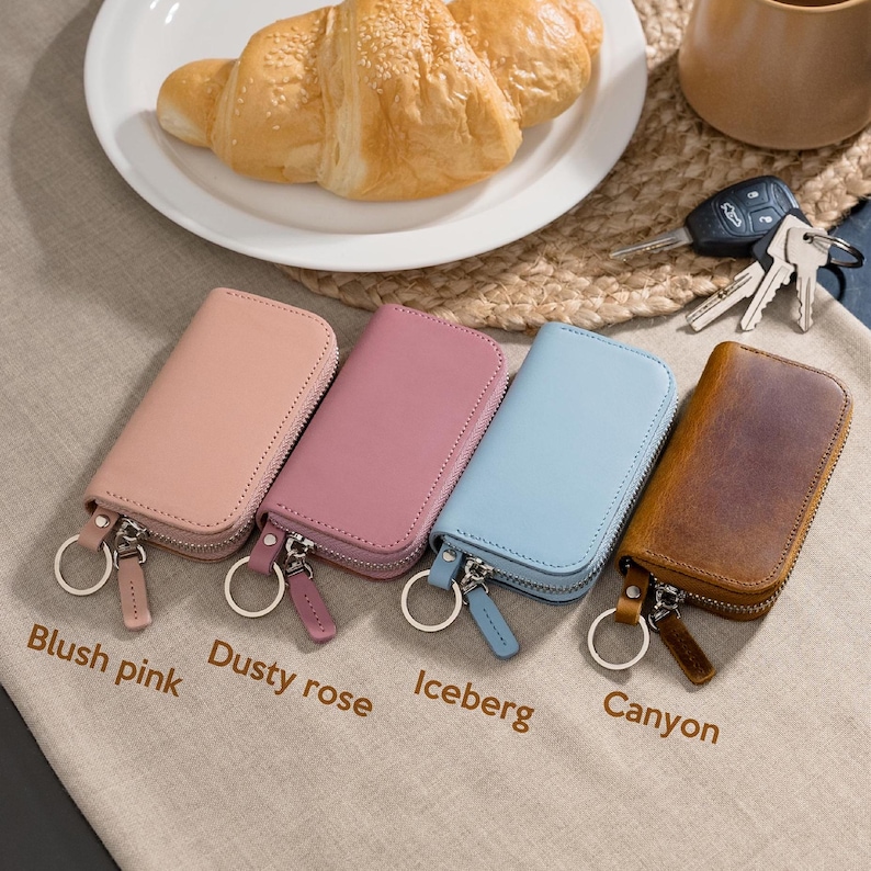 Leather key pouch available in blush pink, dusty rose, iceberg and canyon, personalized zipper key wallet gift